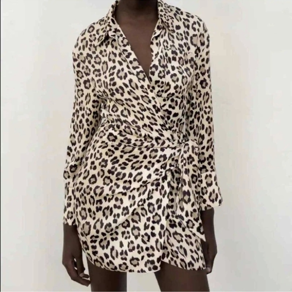 ZARA Leopard Print Mini Wrap Collared Dress M